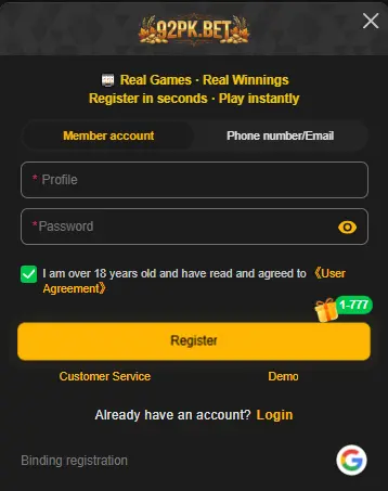 92pk bet register
